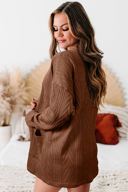 Coffee Solid Textured Open Front Cardigan with Pocket