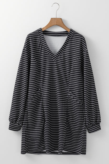 Black Striped V Neck Long Puff Sleeve Shift Dress