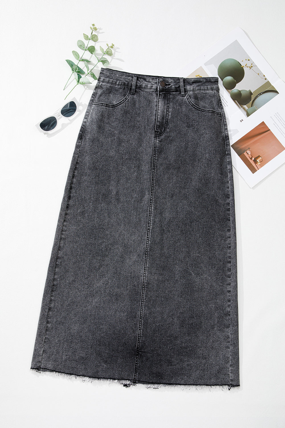 Dark Grey Denim Raw Hem Back Split High Waist Long Skirt