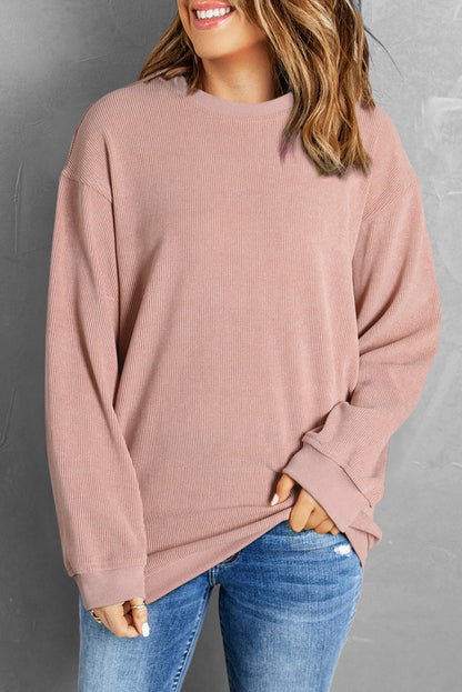 Pink Solid Ribbed Knit Round Neck Pullover Sweatshirt