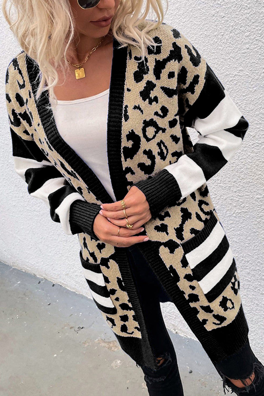 Dark Blue Stripe Sleeve Leopard Print Open Front Cardigan With Pockets