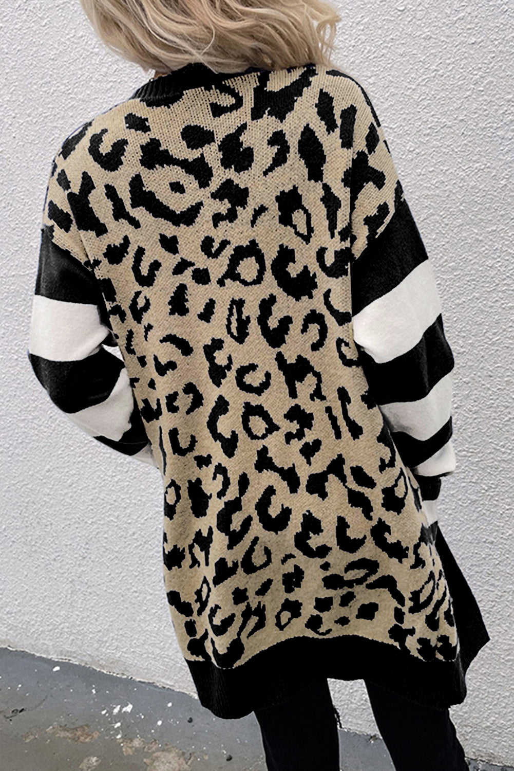 Dark Blue Stripe Sleeve Leopard Print Open Front Cardigan With Pockets