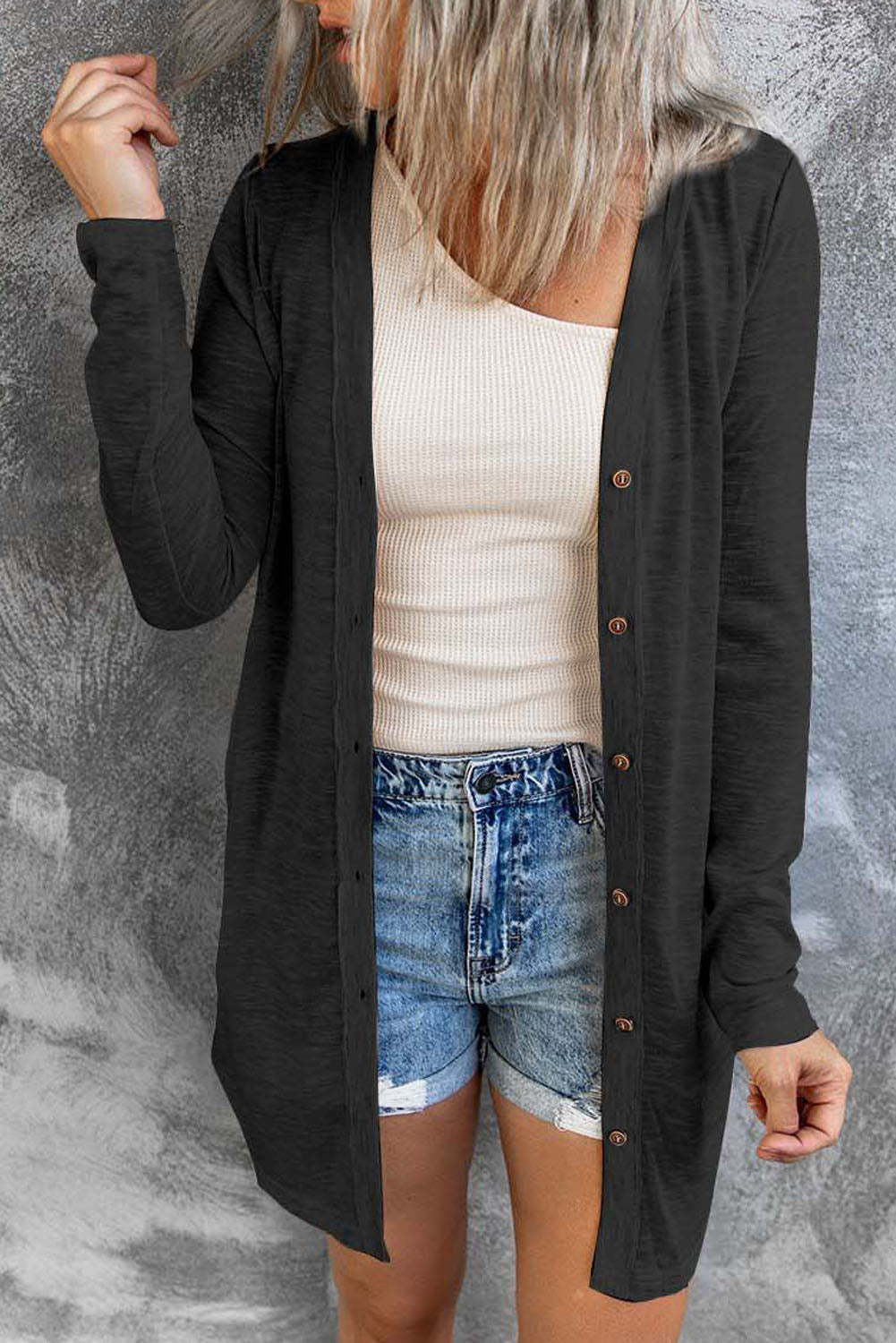 Black Solid Color Open-Front Buttons Cardigan