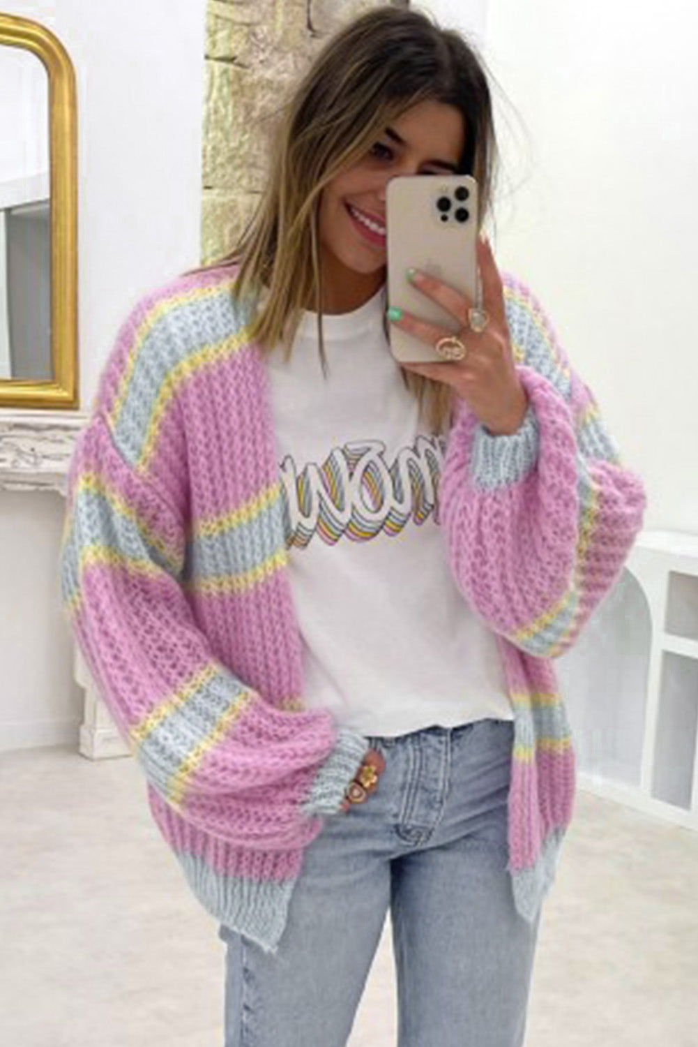 Pink Contrast Striped Open Front Cable Cardigan