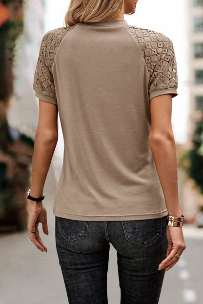 Pale Khaki Seamed Detail Contrast Lace Raglan Sleeve Tee