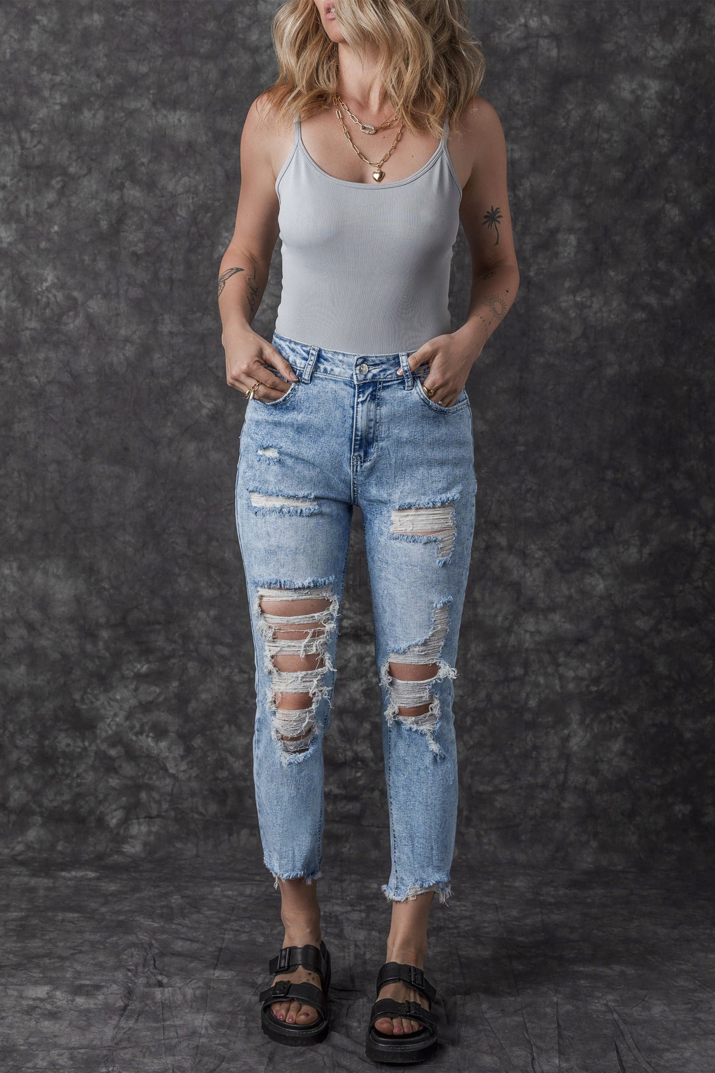 Sky Blue Acid Wash Distressed Slim Fit Jeans