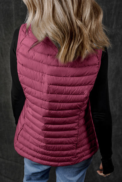 Silvery Plush Collared Quilted Zipped Puffer Vest