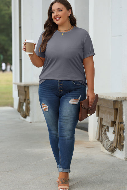 White Casual Plain Crew Neck Tee