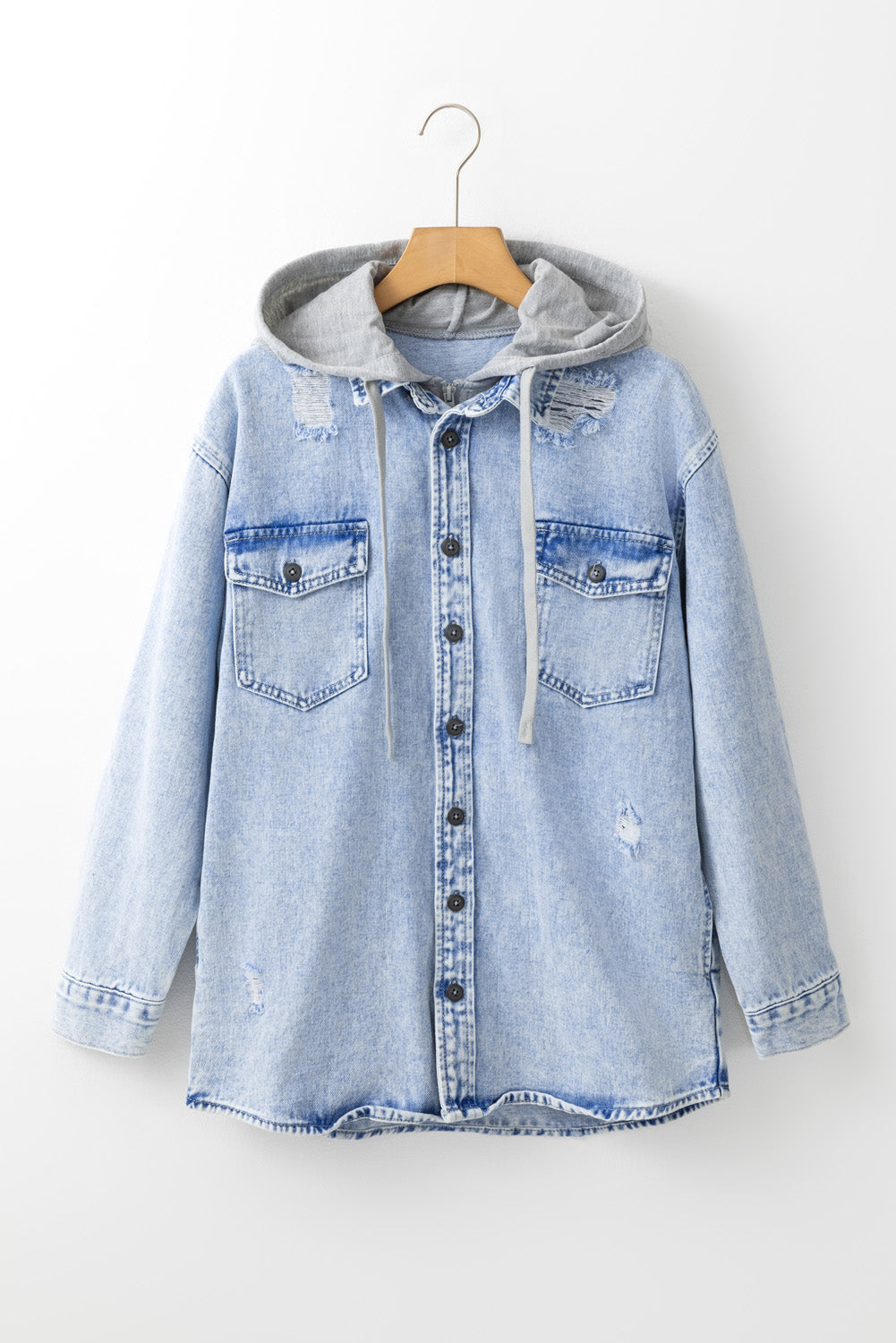 Mist Blue Oversized Contrast Hooded Denim Jacket