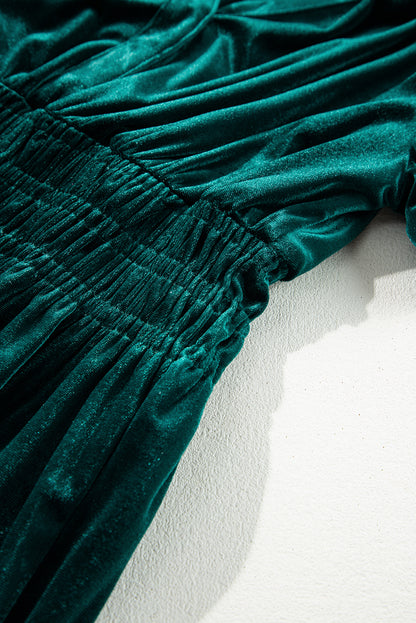 Evergreen Velvet Short Sleeve Shirred Waist Tiered Maxi Dress