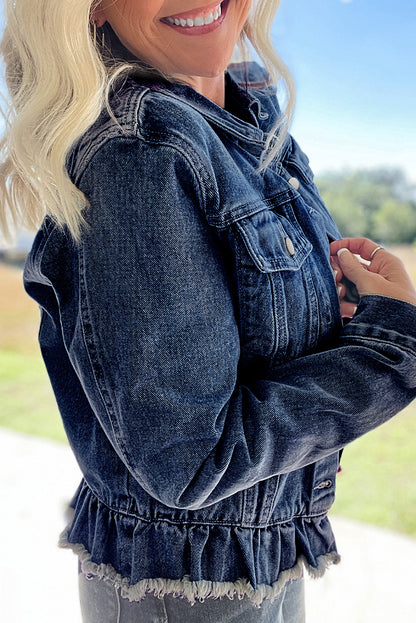 Beau Blue Ruffle Raw Hem Flap Pockets Denim Jacket