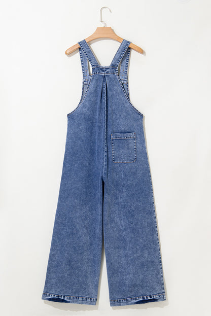 Light Blue Mineral Wash Buttoned Straps Wide Leg Denim Overalls