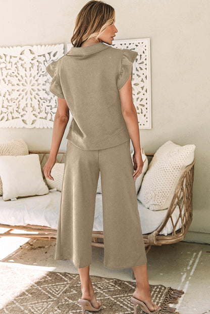 Pale Khaki Textured Flutter Sleeve Top Wide Leg Pants Set