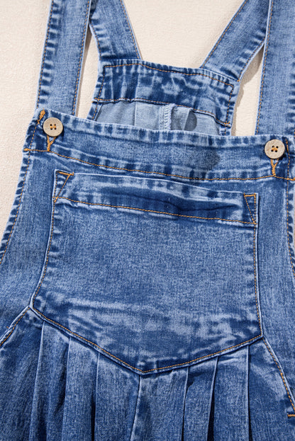 Light Blue Mineral Wash Buttoned Straps Wide Leg Denim Overalls