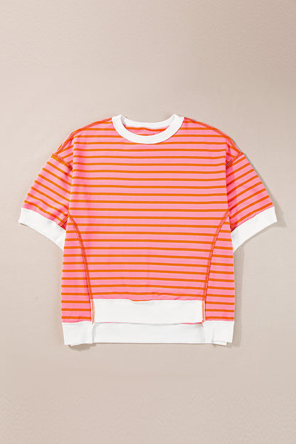 Orange Stripe Oversized Contrast Trim Exposed Seam High Low T Shirt