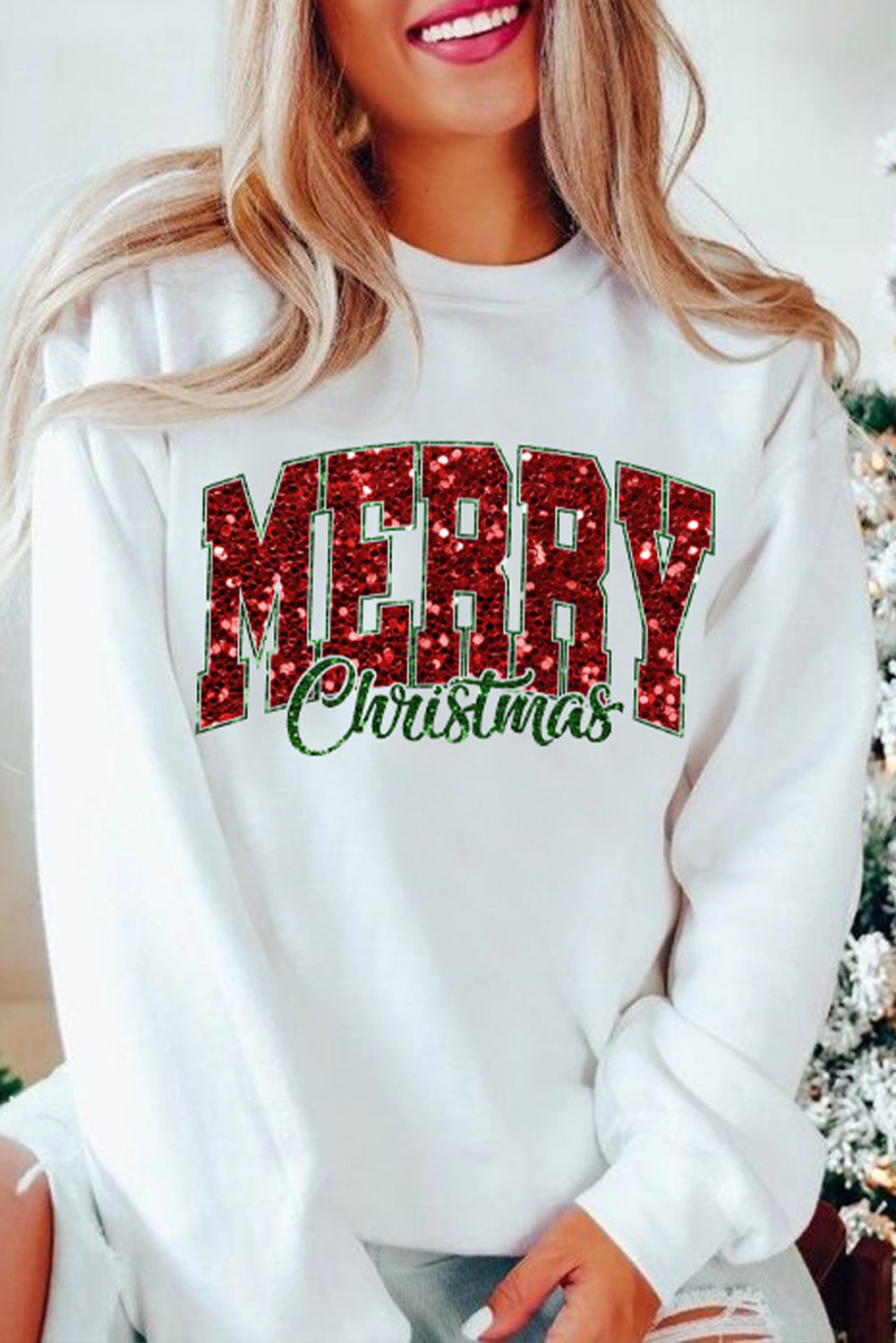 Beige MERRY Christmas Heat Transfer Printing Crewneck Pullover Sweatshirt