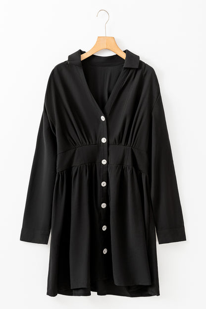 Black Elastic Cinched High Waist Long Sleeve Shirt Mini Dress