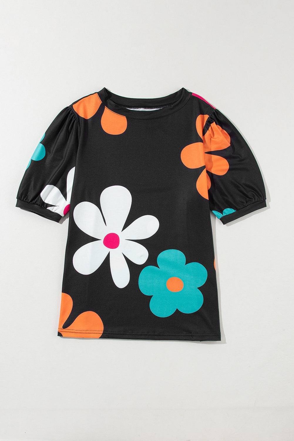 Apricot Flower Print Bubble Sleeve Tee