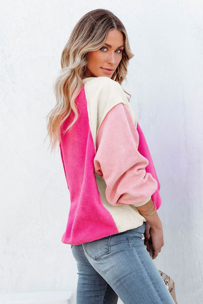 Rose Colorblock Long Sleeve Pullover Fleece Sweatshirt