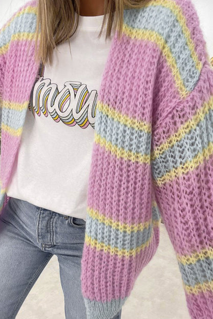 Pink Contrast Striped Open Front Cable Cardigan