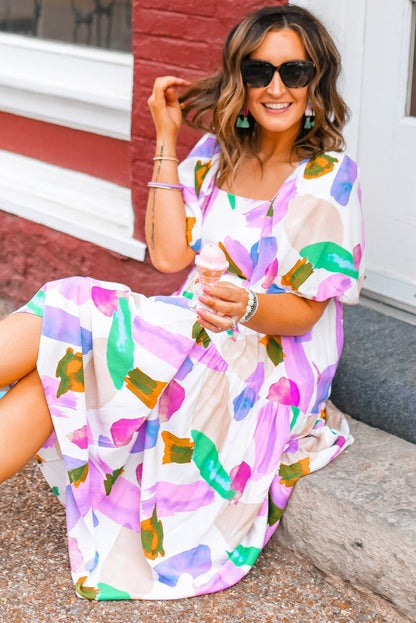 Purple Abstract Print Puff Sleeve Smocked Back Midi Dress