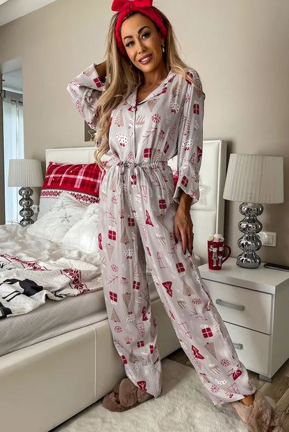 Light Grey Christmas Printed Shirt and Pants Pajama Set