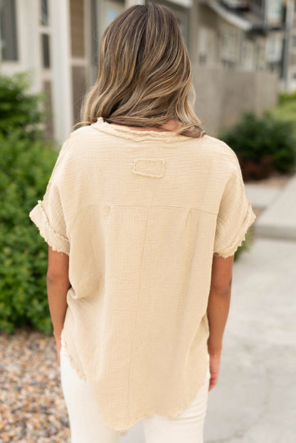 Parchment Crinkle Textured Frayed Trim Half Button Short Sleeve Top