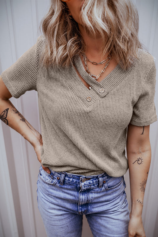 Pale Khaki Ribbed Buttoned Strappy V Neck Tee