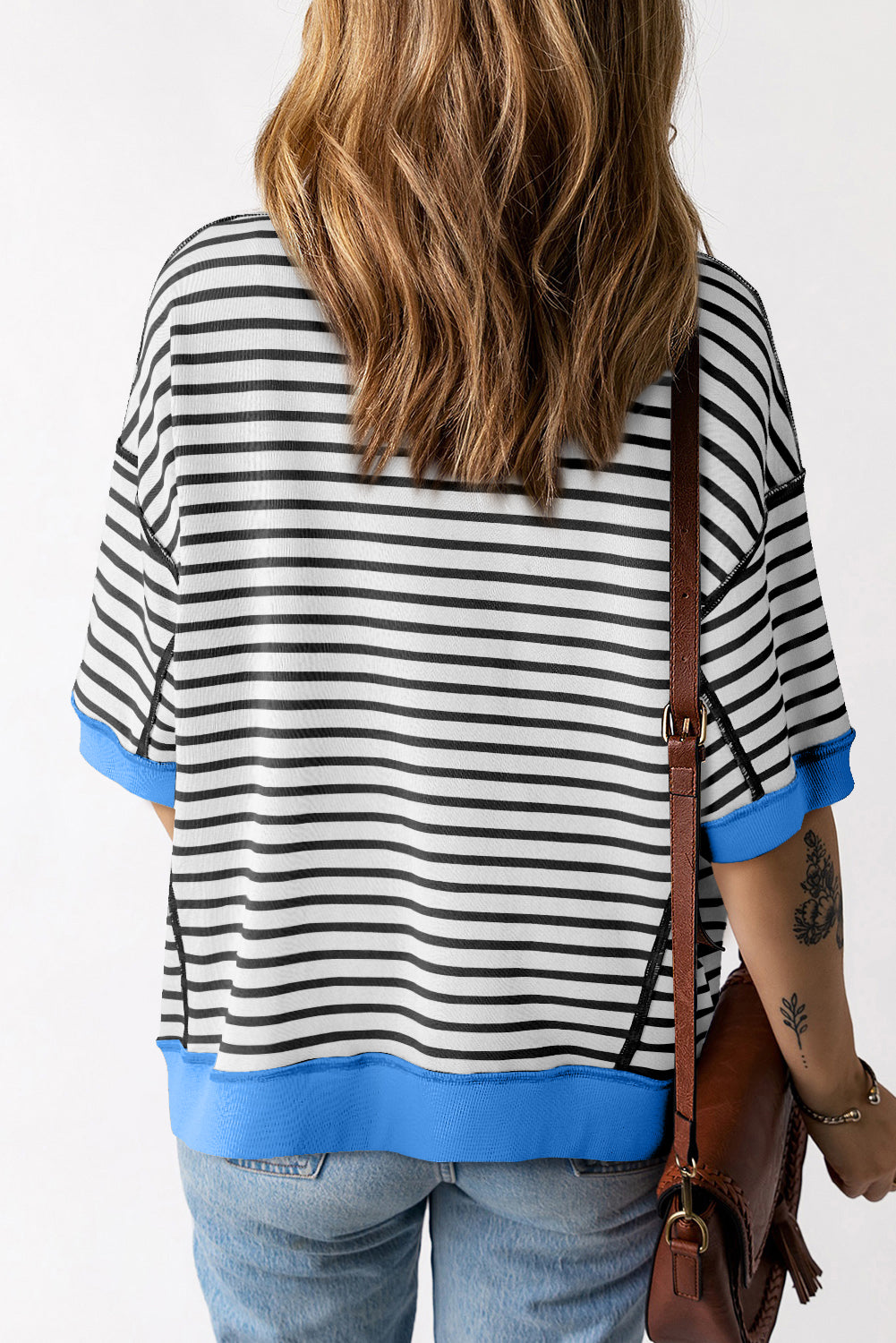 Orange Stripe Oversized Contrast Trim Exposed Seam High Low T Shirt