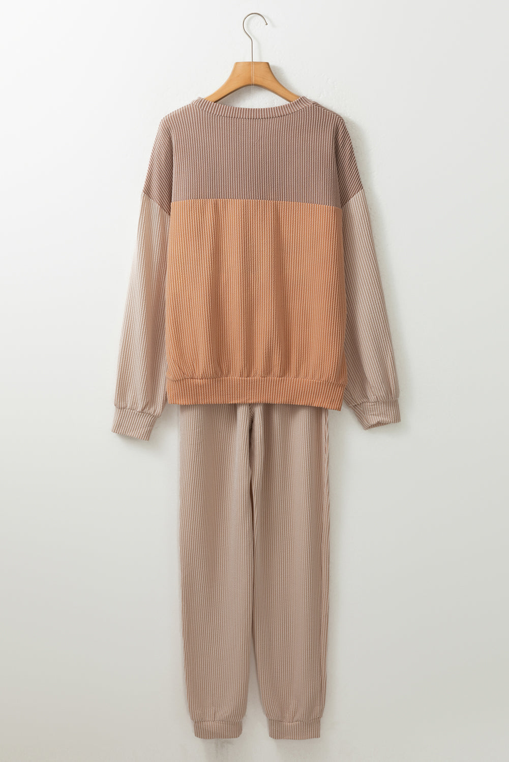 Brown Corded 2pcs Colorblock Pullover and Pants Outfit