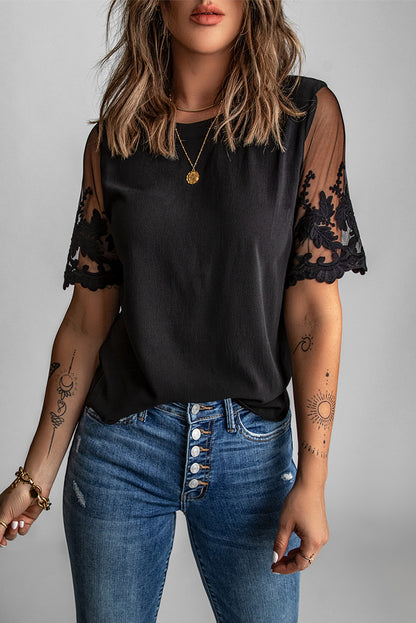 White Floral Lace Sleeve Patchwork Top