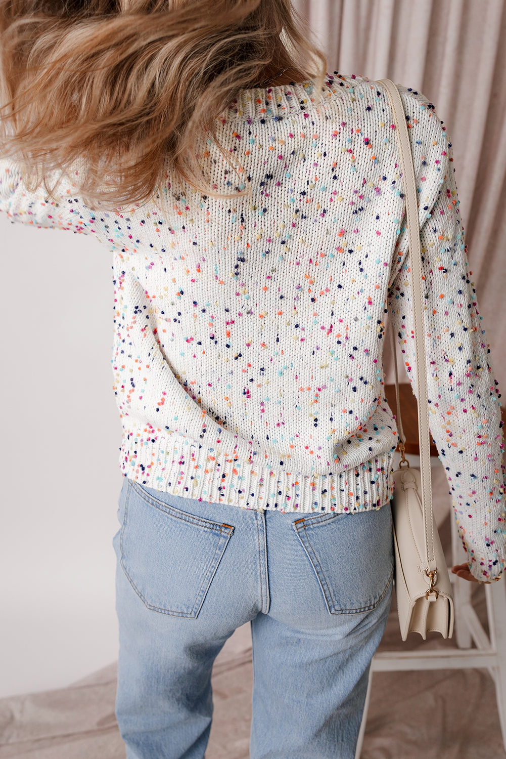 Apricot Rhinestone Decor Multicolor Confetti Sweater Cardigan