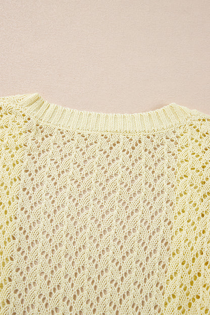 Yellow Cream Pointelle Knit Open Front Short Cardigan