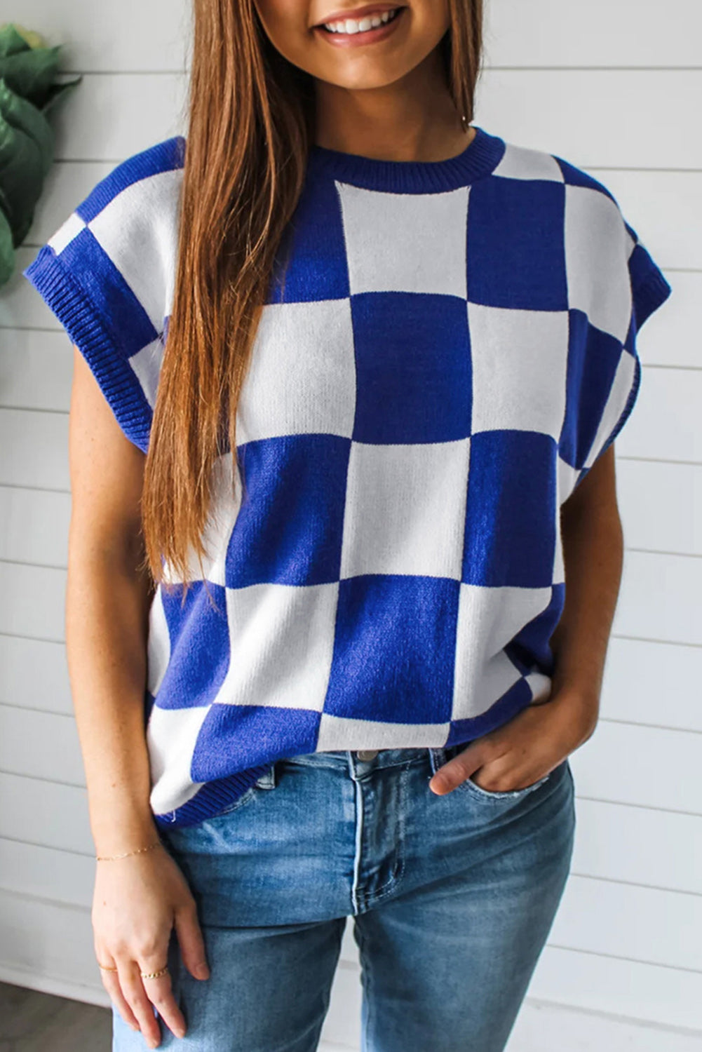 Dark Blue Cherckerboard Round Neck Sweater Vest