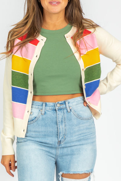 White Stripe Colorful Pattern Button Front Sweater Cardigan