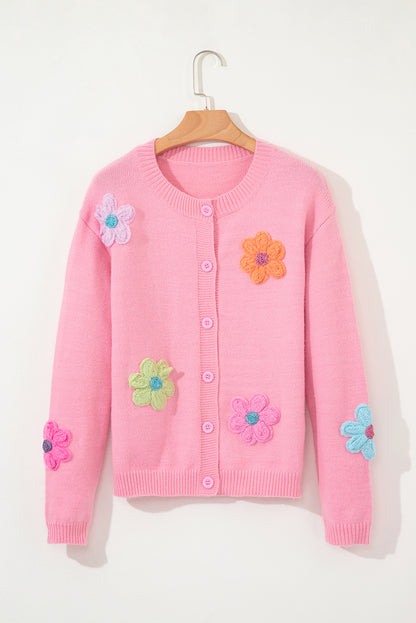 White Cute Knitted Floral Pattern Button Up Cardigan