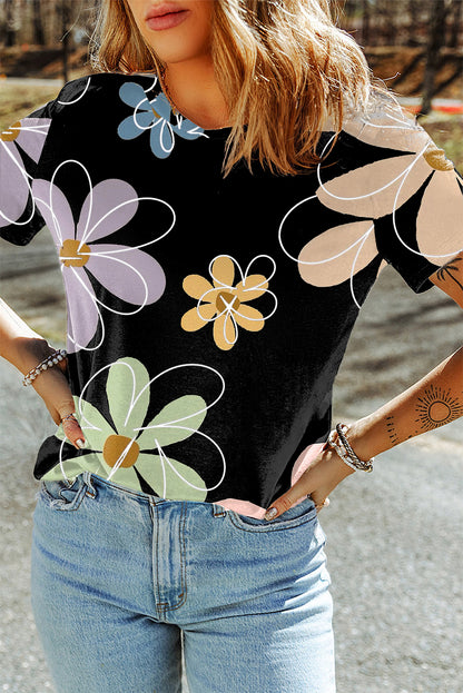 Beige Summer Flower Print Casual Round Neck T Shirt