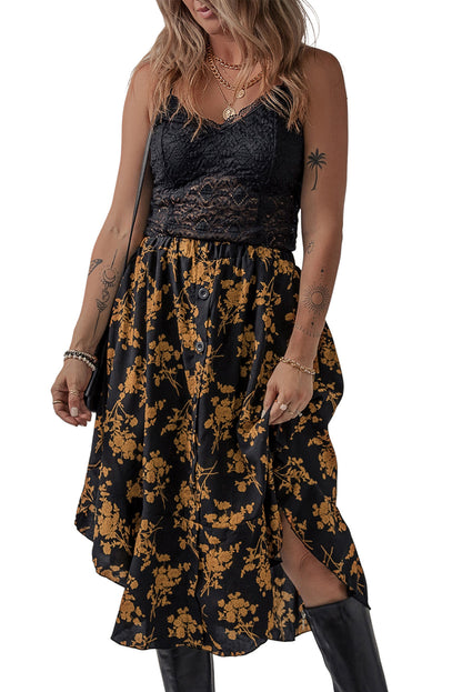 Black Printed Elastic Waist Button Decor Floral Ruffle Skirt