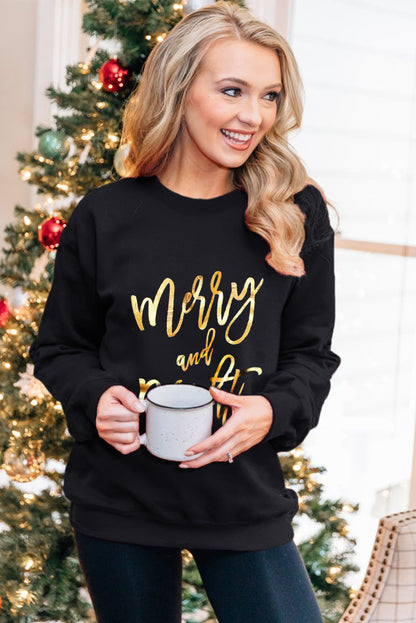 Black Merry & Bright Letter Print Pullover Sweatshirt