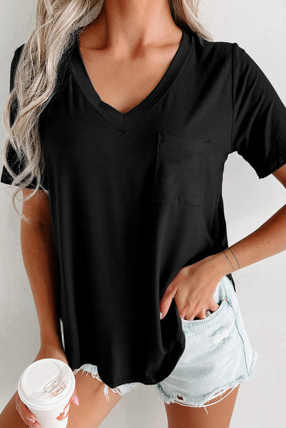 Medium Grey V Neck Pocketed Rounded Hem Tee