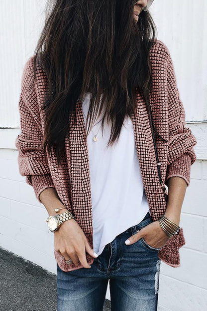 Apricot Plaid Contrast Trim Open Front Cardigan