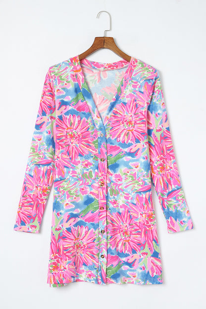 Pink Flower Print Long Sleeve Button Up Cardigan