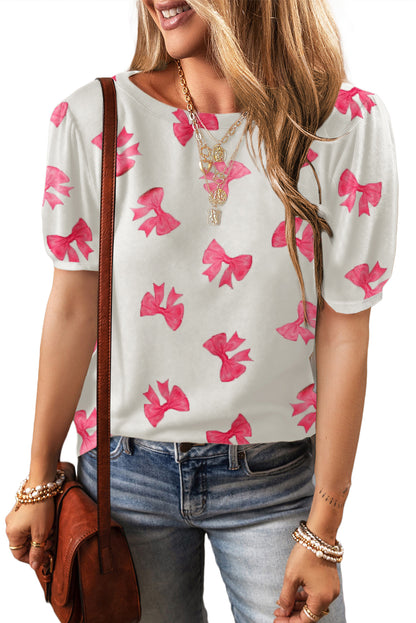 Apricot Flower Print Bubble Sleeve Tee