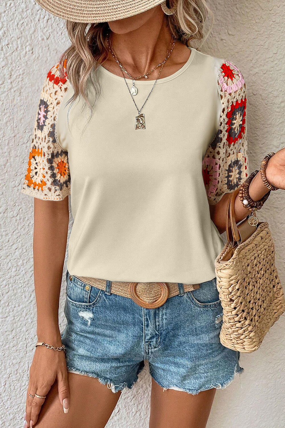 Medium Grey Floral Crochet Short Sleeve Top