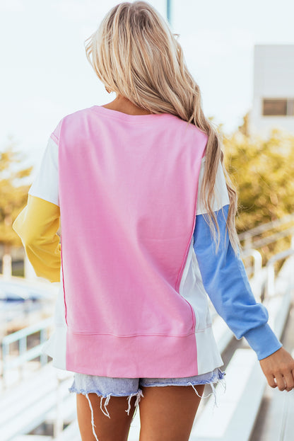 Bonbon Color Block Exposed Seam Side Slits Crewneck Sweatshirt