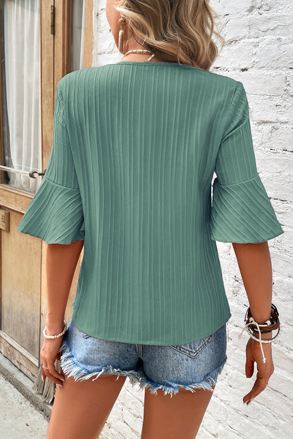 Beau Blue Ruffled Half Sleeve V Neck Textured Top