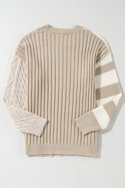 Khaki Cable Knit Colorblock Crew Neck Drop Shoulder Sweater