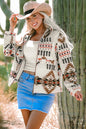 Beige Aztec Printed Stand Neck Zip Up Jacket