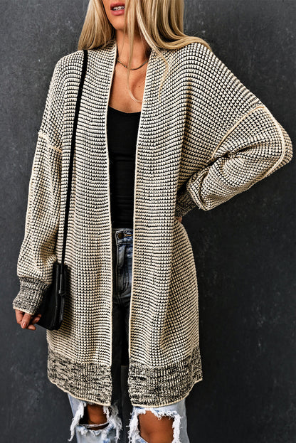 Gray Plaid Knitted Long Open Front Cardigan