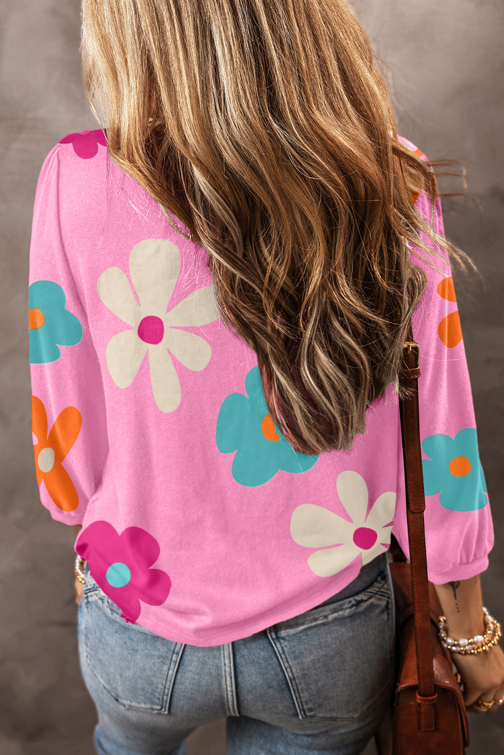 Apricot Cute Flower Print Bracelet Sleeve Top